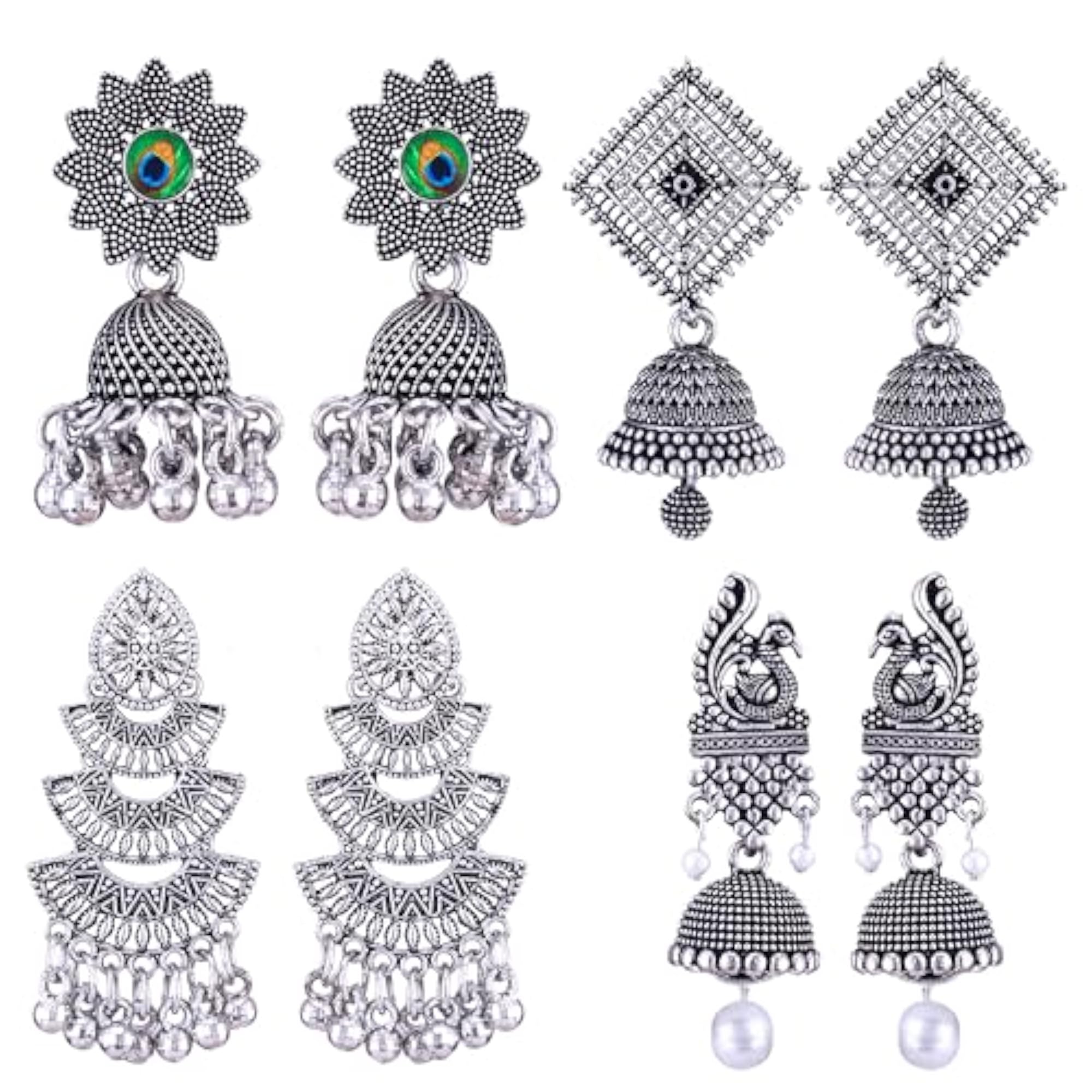 Women's Oxidised Silver Chandbali Jhumka Earrings with Peacock Design